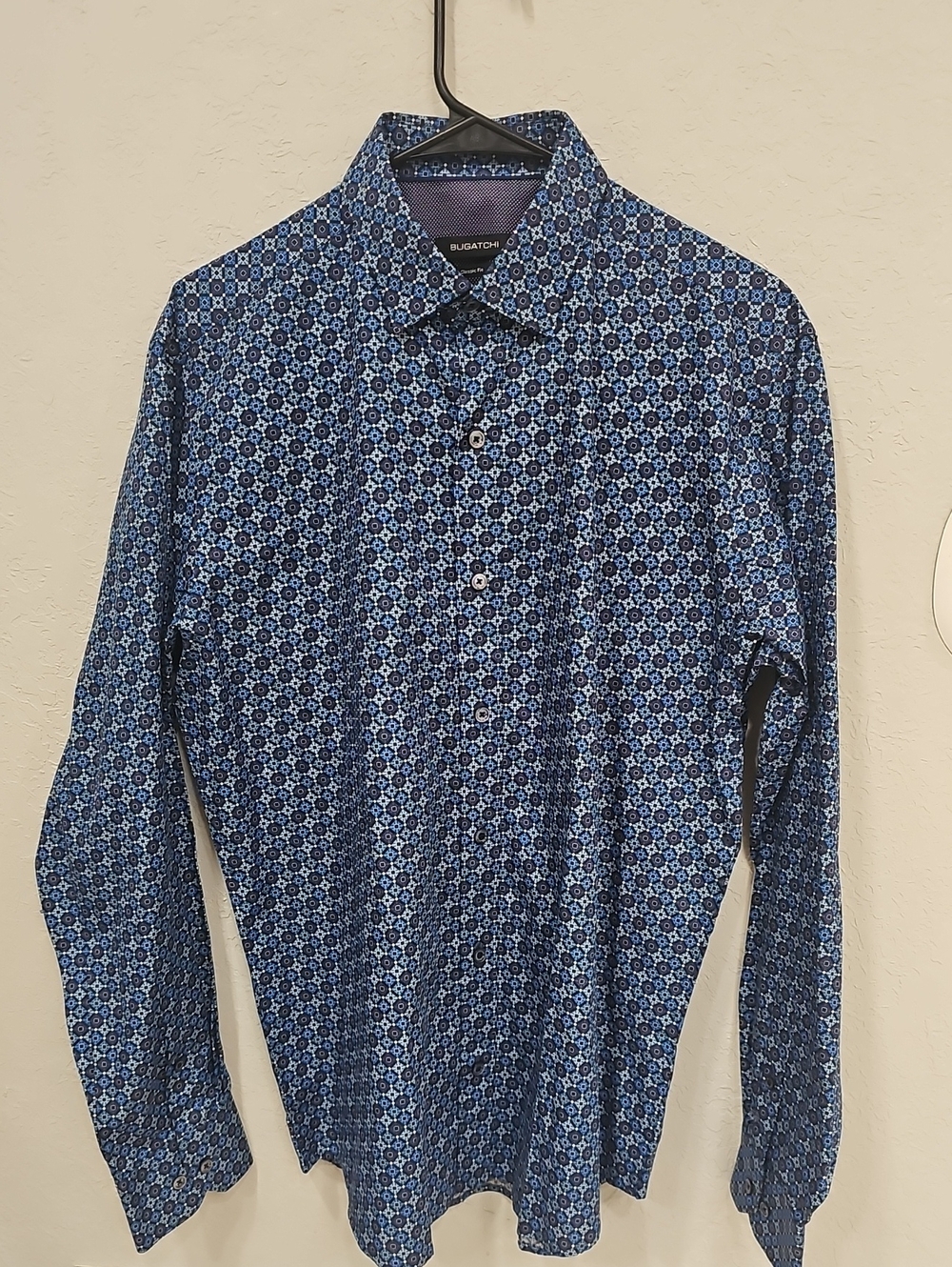 Bugatchi Classic Fit Button Front Shirt Men's Medium Blue Geometric Print